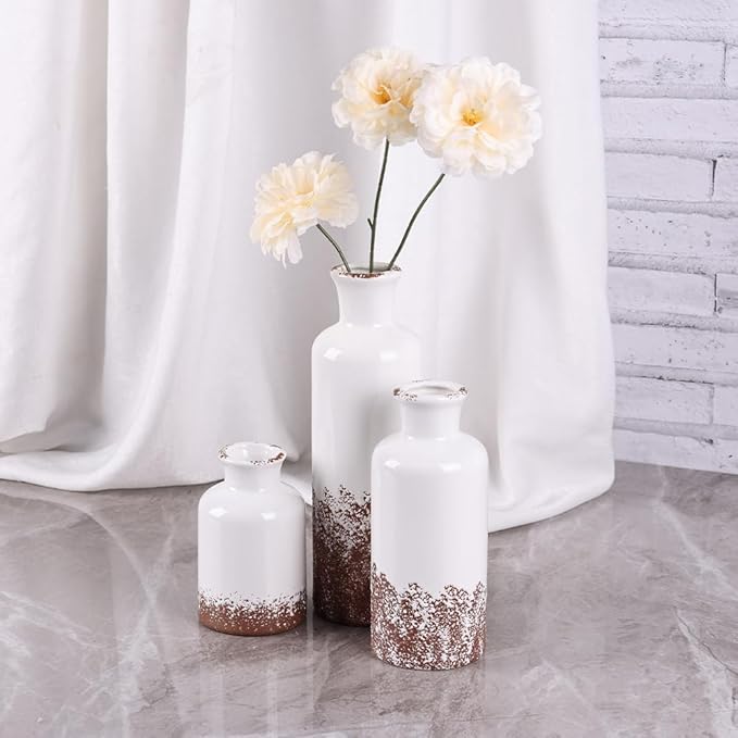 Gray Ceramic Farmhouse Vase Set of 3 – Rustic Small Vases, Vintage Country Style Decorative Vases for Flowers, Home Decor for Living Room, Table, Mantle, Fireplace & Entryway Centerpieces