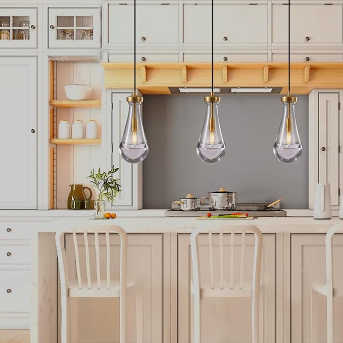 Raindrop Pendant Light Fixtures, Brass Glass Pendant Lighting, Teardrops Pendant Lights Kitchen Island, Indoor Pendant Light for Kitchen Island Bedroom Bathroom, Included Bulb