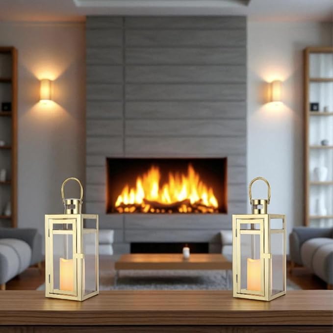 TRIROCKS Set of 2 Stainless Steel Decorative Lantern 12'' High Metal Candle Holder Outdoor Candle Lantern with Tempered Panels for Home Decor Living Room Parties Events Tabletop Indoor Outdoor (Gold)