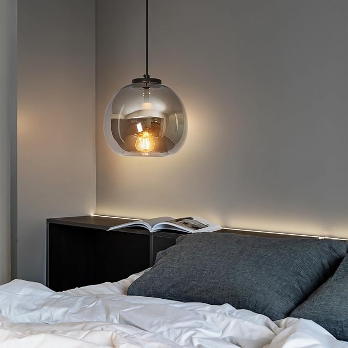 Mirror Smoke Gray Glass Pendant Lights Kitchen Island 2 Pack 7.87" Glass Globe Pendant Light Black Hanging Light Fixture Modern Pendant Lighting for Kitchen Island Bedroom Dining Room