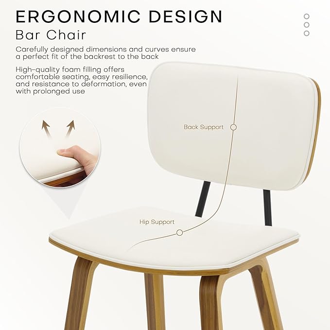 Counter Height Bar Stools, PU Leather Upholstered Barstools with Backs, Bent Wood Legs, 26 Inch Seat Height, Mid Century Modern Counter Stools for Kitchen Island, Cream White