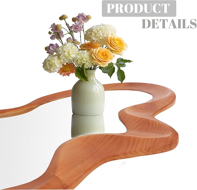 Gluck Plants Irregular Wall Mirror,21x20 Walnut Wooden Framed Asymmetrical Farmhouse Modern Unique Cloud Wavy Wood Mirror for Bathroom Living Room Bedroom Entryway Hallway