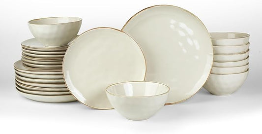 Famiware Dinnerware Sets for 8, Ocean Round 24-Piece Kitchen Plates and Bowls Sets, Microwave and Dishwasher Safe, Scratch Resistant, Vanilla White