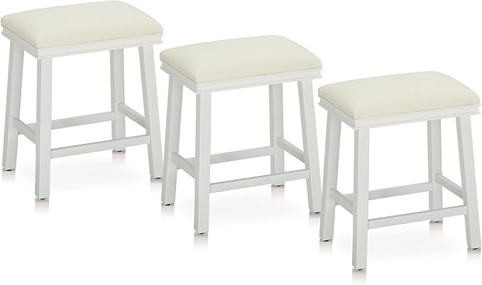 MAISON ARTS White Counter Height 24 inch Bar Stools Set of 3 for Kitchen Counter Solid Wood Legs with Faux Leather Padded Seat Farmhouse Barstools for 34"-38" Counter Island Upholstered Stools