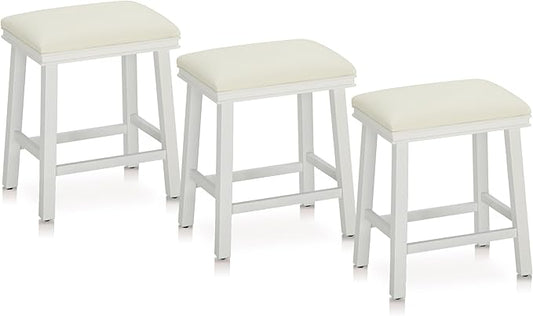 MAISON ARTS White Counter Height 24 inch Bar Stools Set of 3 for Kitchen Counter Solid Wood Legs with Faux Leather Padded Seat Farmhouse Barstools for 34"-38" Counter Island Upholstered Stools