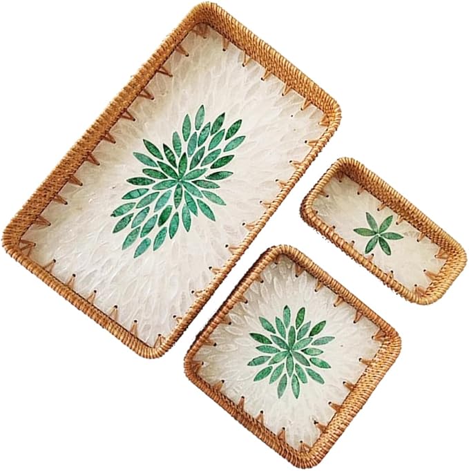 i-lan Set of 3 15 Inch Rattan Woven Serving Tray Basket with Handles and MOP Wooden Base, Boho Wicker Coffee Table Décor Serving Tray with 2 Inch Wall, Handmade Display Basket for Everywhere