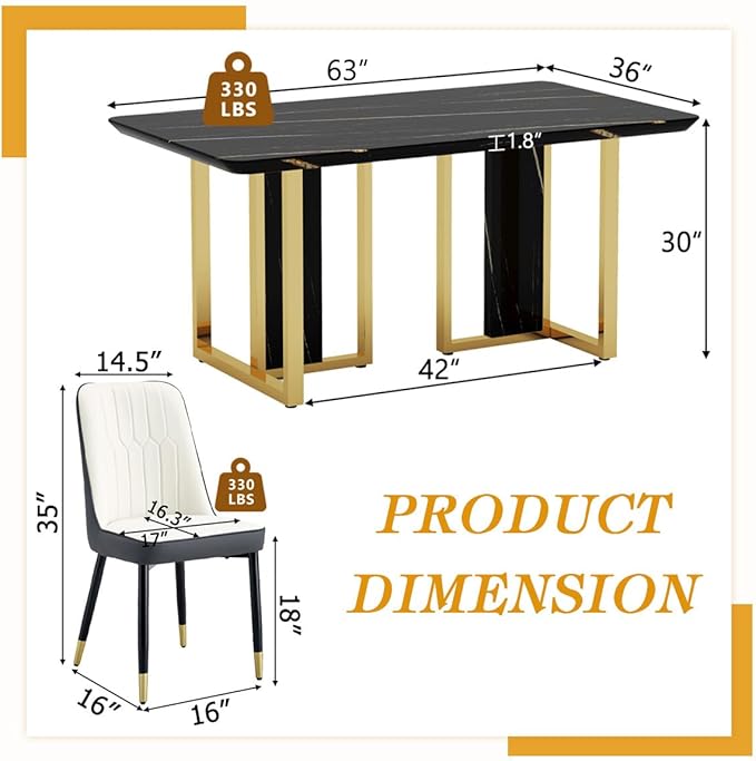 TesNus 63" Black Dining Table Set for 4 with Chairs,Modern Faux Marble Rectangular Kitchen Table and Chairs Set Luxury 5 Piece Dining Room Set with Gold Metal Legs,Easy Assemble,Stable Base