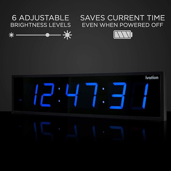 Ivation Oversized 24" Large Digital LED Clock | Big Digital Clock w/Multi-Function Display – Stopwatch, Timer, Alarms, Temp & Date | 6 Brightness Levels, Time Memory & Remote (Blue)