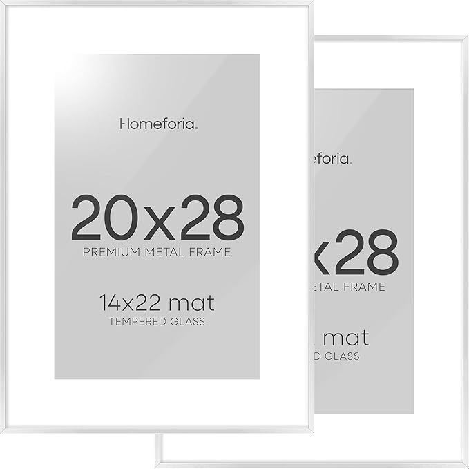 Homeforia 20x28 Picture Frame Silver, High End Metal 20 x 28 Poster Frame with Mat 14 x 22 for Photo, 20x28 Silver Frames Matted to 14x22 Print, 28x20 Hanging Frame, Tempered Glass, Wall Kit, Set of 2