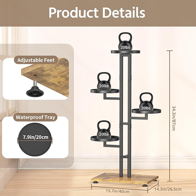 LASZOLA Black 4 Tiered Plant Stand Indoors Heavy Duty Metal Rack, Sturdy Multi Level Shleving Hold Flowers, Larger House Decorate Ladder for Planting Inside Tree Herb Cactus, Wooden Base, Space Saving