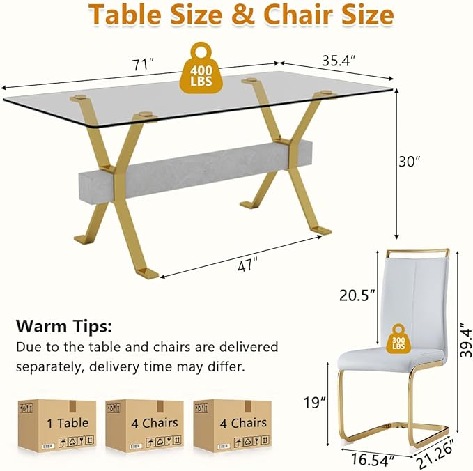 9 Piece Glass Dining Table Set, Kitchen Table Chairs Set for 8, 71'' Dining Table with 0.4" Tempered Glass Tabletop with Plated Metal Legs and MDF Crossbar, 8 PU Chairs for Dining Room, Kitchen.