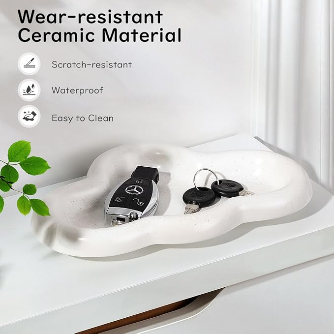 Ceramic Jewelry Tray, Cloud Trinket Dish for Necklace, Bracelet, Earrings, Perfume, Vanity, Key Bowl, Cute Ring Holder for Home Room Decor Aesthetic, Matte White