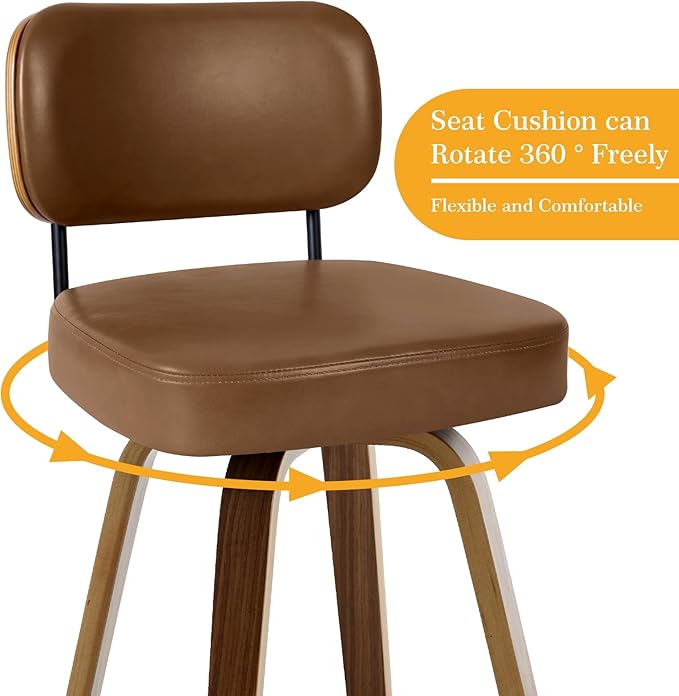 Swivel Bar Stools Set of 4, 29" Upholstered Faux Leather Barstools with Back and Bent Wood Legs, Mid Century Modern Bar Chair Island Stool for Kitchen Counter, Brown