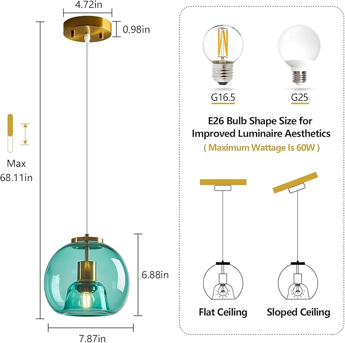 Light Blue Glass Pendant Lights Kitchen Island Gold Hanging Light Fixture Glass Globe Pendant Light Modern Pendant Lighting for Kitchen Island Bedroom Dining Room (7.87", 3 Pack)