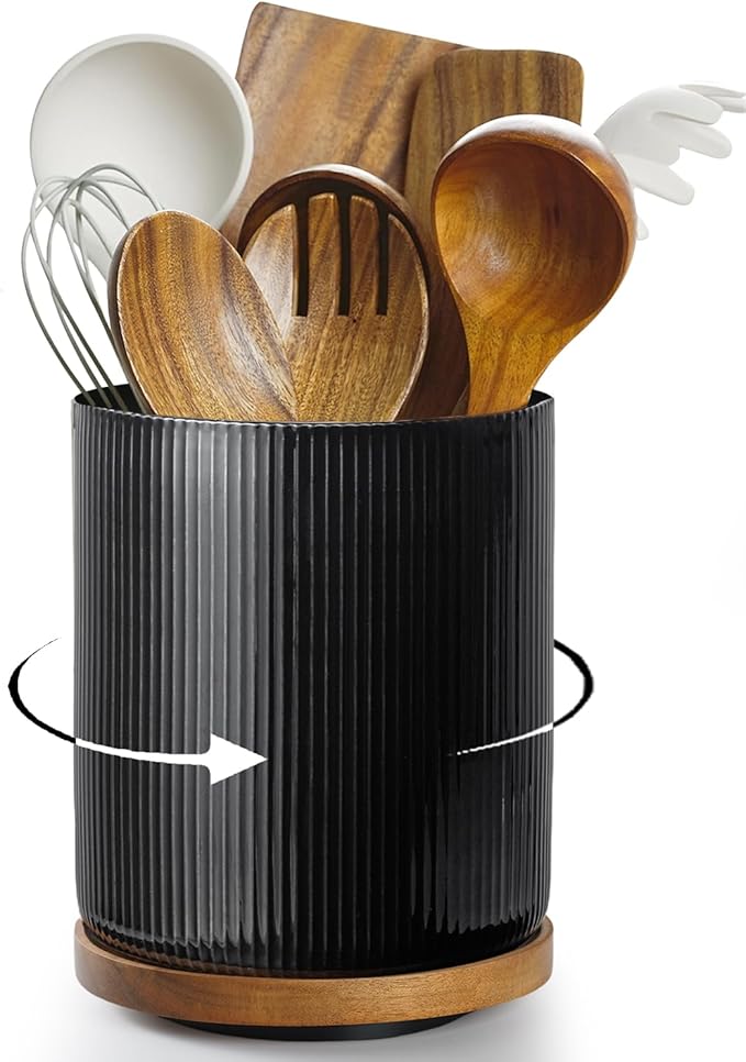 getstar 360° Rotating Large Kitchen Utensil Holder, Ceramic Cooking Utensil Holder for Kitchen Counter with Rotatable and Detachable Wooden Base (Black)