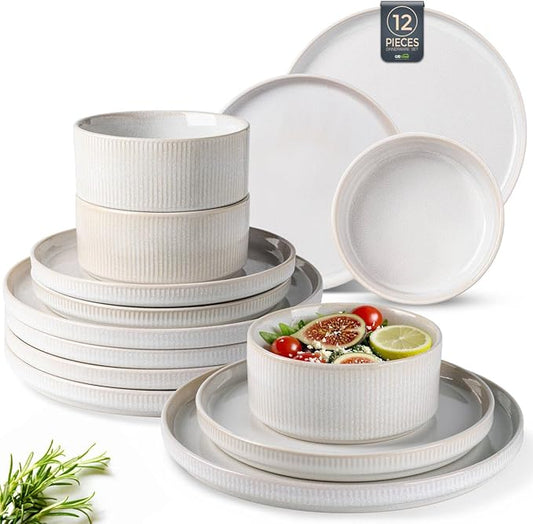 GBHOME Stoneware Dinnerware Sets for 4, Round Reactive Glaze Ceramic Plates and Bowls Set, Highly Scratch Resistant | Dishwasher & Microwave Safe ，Service for 4(12Pcs)
