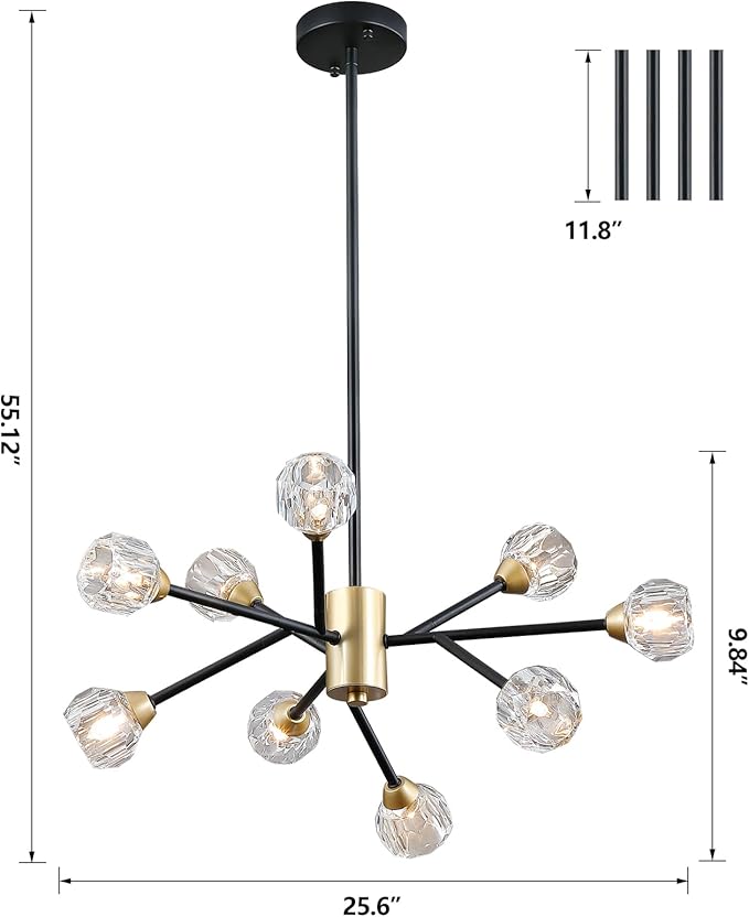 AMZASA Glass Crystal Chandelier for Dining Room, Modern Black and Gold Glass Pendant Lighting, 9 Lights Mid Century Ceiling Light Fixtures for Kitchen Island Living Room Bedroom Bar
