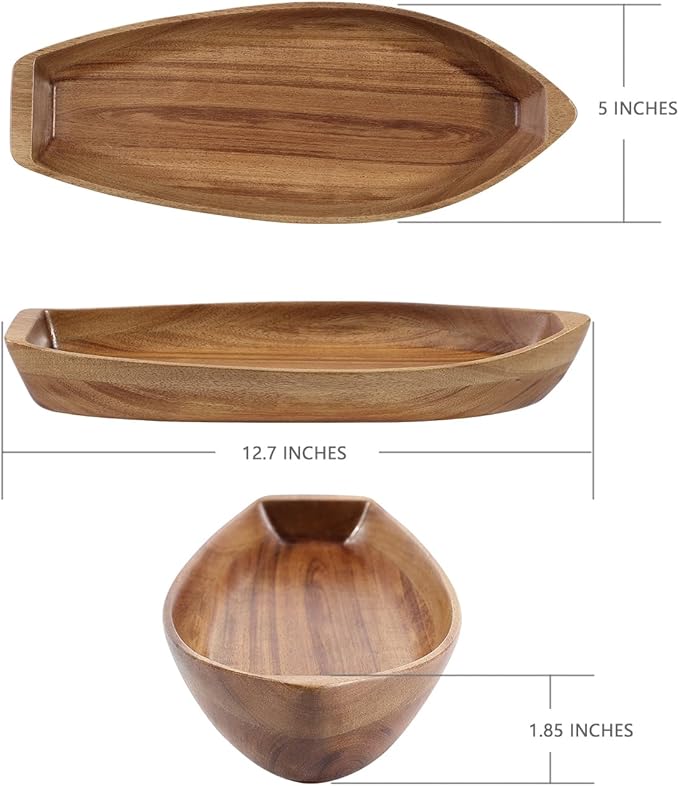 Lucky Boat Serving Tray, Acacia Solid Wood Boat Shape Plate for Serving Desserts, Fruit, Snack and Seafood or House Ornament,Key Tray,Functional and Storage Decorative Bowl。 (M)