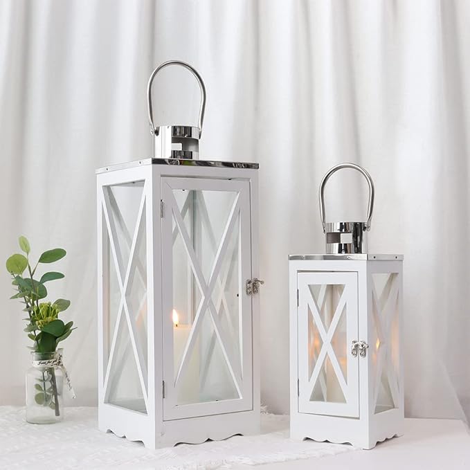 TRIROCKS Set of 2 Farmhouse Wood Lantern 17.5''&24.5'' Metal Decorative Outdoor Lantern with Tempered Glass Rustic Candle Holder for Thanksgiving Christmas Patio Garden Indoor Outdoor(White Rectangle)