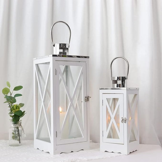 TRIROCKS Set of 2 Farmhouse Wood Lantern 17.5''&24.5'' Metal Decorative Outdoor Lantern with Tempered Glass Rustic Candle Holder for Thanksgiving Christmas Patio Garden Indoor Outdoor(White Rectangle)