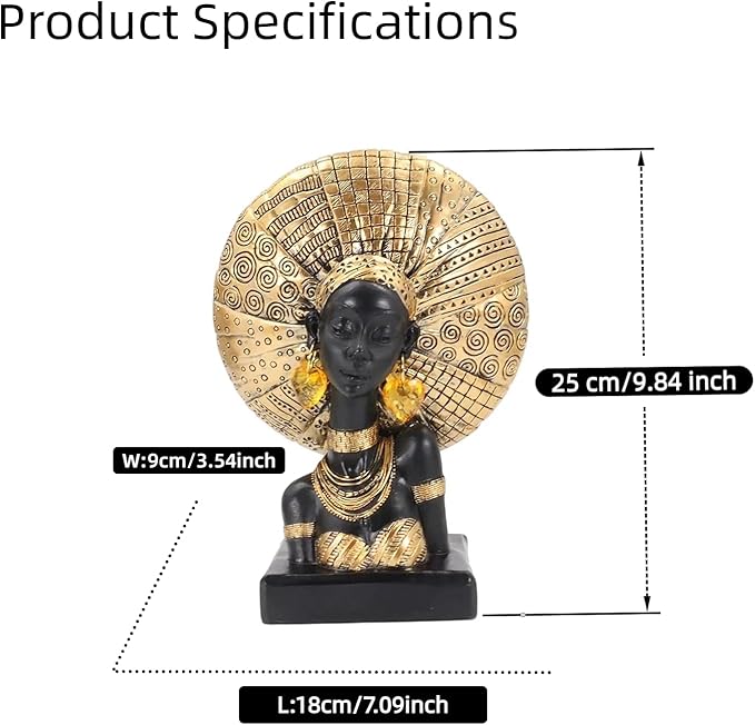African Lady Bust Statue with Golden Headwrap – Resin Tribal Woman Sculpture for Home Decor, Black and Gold Figurine for Shelf, Table, Office, Living Room, Gifts for Women