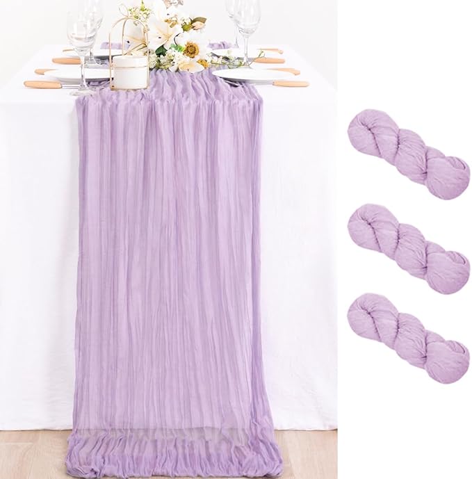 MLMC 3 Pack Lilac Purple Table Runner 10ft Lavender Cheesecloth Table Runner Rustic Gauze Centerpiece Fall Decor 35x120 Inches for Bridal Shower Baby Shower Birthday Wedding Decor