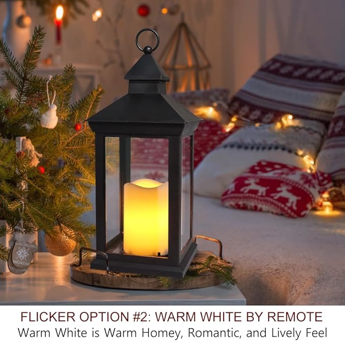 Bright Zeal 14" Decorative Candle Lantern Black Outdoor Lanterns Timer Candles - IP44 Waterproof Vintage Lanterns Battery Powered LED Decorative for Wedding - Warm White Hanging Wall Lanterns Indoor