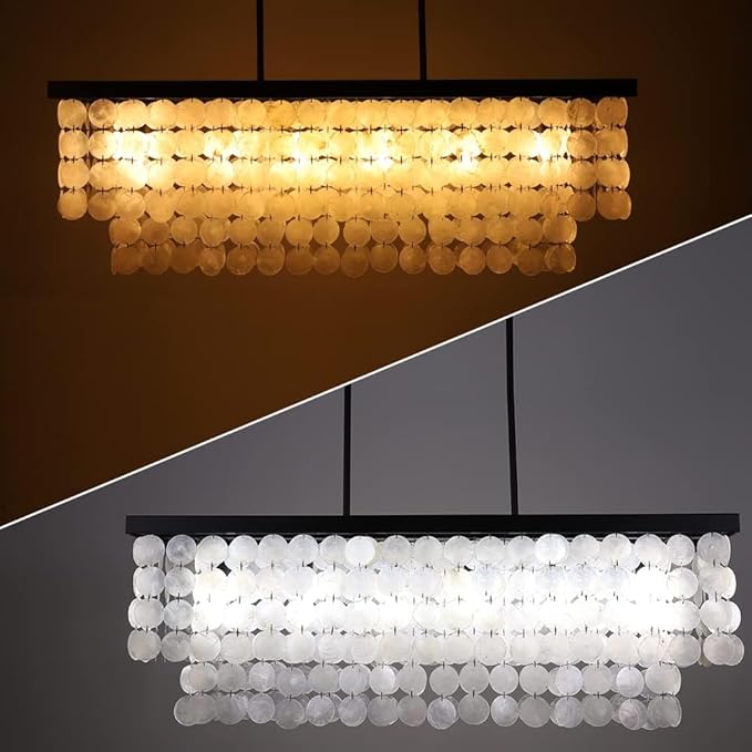 TOCHIC Rectangular Capiz Shell Chandelier, Coastal Beach Lighting 6 Lights, Modern Black Chandelier Shell Pendant Light for Kitchen Island, Dining Rooms, 2 Tier, 39.3" L