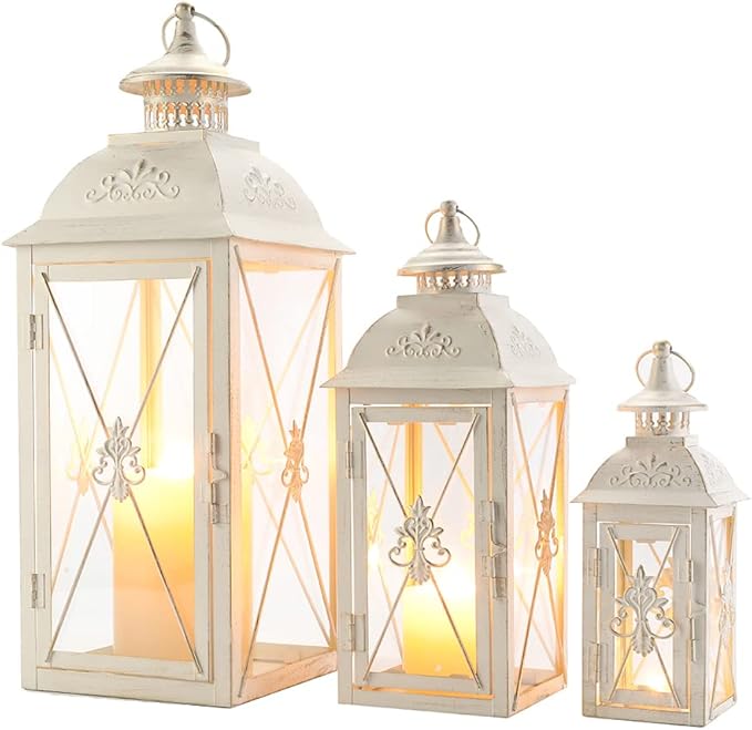 TRIROCKS 3-Pack Decorative Lanterns - 19" Vintage Metal Candle Holders with Tempered Glass - Perfect for Christmas, Living Room, Garden, Patio, Indoor & Outdoor Events (White with Gold Brush Finish)