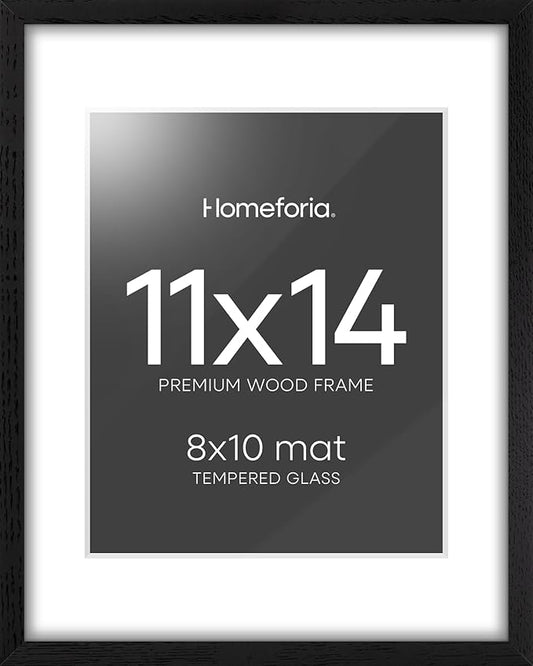 Homeforia 11x14 Picture Frame Black Wood, High End Oak 11x14 Poster Frames with Mat 8x10, 11 x 14 Wooden Frame Matted to 8 x 10 inch Photo, 14x11 Thin Hanging Frame, Tempered Glass, Wall Kit, Set of 1