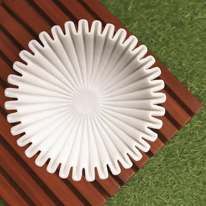 SWADESHI BLESSINGS HandCrafted Marble Ruffle Bowl/Antique Scallop Bowl/Fruit Bowl/Vintage Ring Dish/Decorative Flower Dish/HouseWarming Gift/Wedding Gifts/Urli (12 Inches)