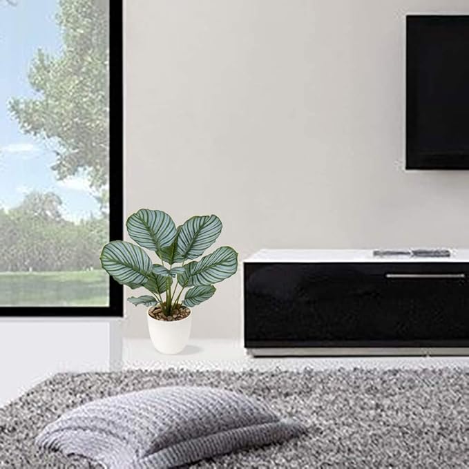 Briful 18'' Tall Fake Plant Realistic Faux Calathea Plant Artificial Plant for Home Decor Indoor Fake House Plant in White Pot for Living Room Bathroom Kitchen