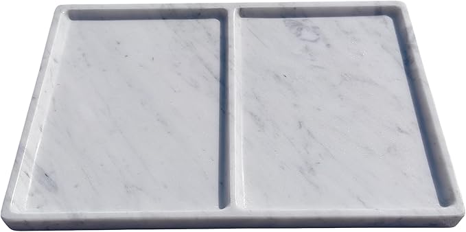 11.81"x7.87" Marble Decorative Tray with Dual Compartments – Catchall Organizer for Jewelry, Cosmetics, Soap – Polished Stone Dresser Vanity Tray for Bathroom, Entryway, Office – Calacatta White