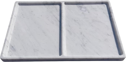 11.81"x7.87" Marble Decorative Tray with Dual Compartments – Catchall Organizer for Jewelry, Cosmetics, Soap – Polished Stone Dresser Vanity Tray for Bathroom, Entryway, Office – Calacatta White