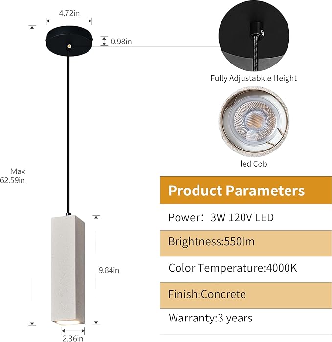 Concrete Linear Pendant Light,Modern LED Industrial Hanging Cement Pendant Lighting Fixture for Kitchen Island Dinning Room Bedroom Bedside Table Small Pendant Lights(2-Pack)