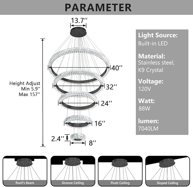 5 Ring Large Crystal Chandelier Modern LED Dimmable High Ceiling Chandelier Ring Contemporary Pendant Light Fixture for Living Room Foyer Staircase Gold D40''