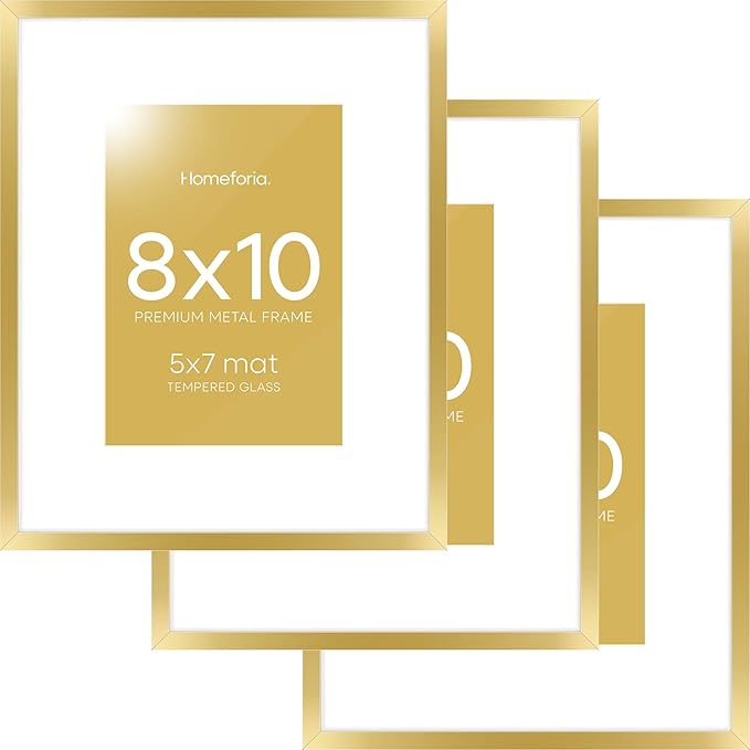 Homeforia 8x10 Picture Frame Gold, High End Metal 8 x 10 Photo Frames with Mat 5 by 7 Art, 10x8 Poster Frame Matted to 5x7 inch Print, 8by10 Wall or Tabletop Frames, Tempered Glass, Wall Kit, Set of 3