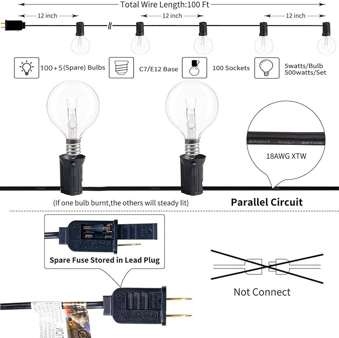 SUNSGNE 100Ft Patio String Lights Waterproof G40 Outdoor String Lights with 105 Clear Edison Bulbs, Globe Bulb Lights for Indoor Outdoor Commercial Decor, E12 Base, Black Wire