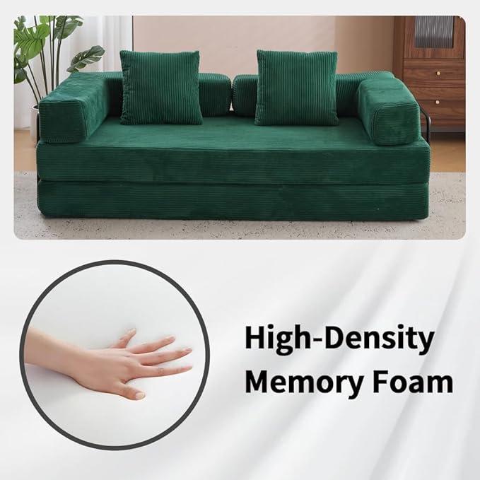 Convertible Folding Mattress Couch, Floor Sofa Bed with Fixed-Shape Frame, Corduroy Floor Sofa with Armrest, Floor Sofa Lounge Couch for Living Room Bedroom Lounge Studio-Emerald Green