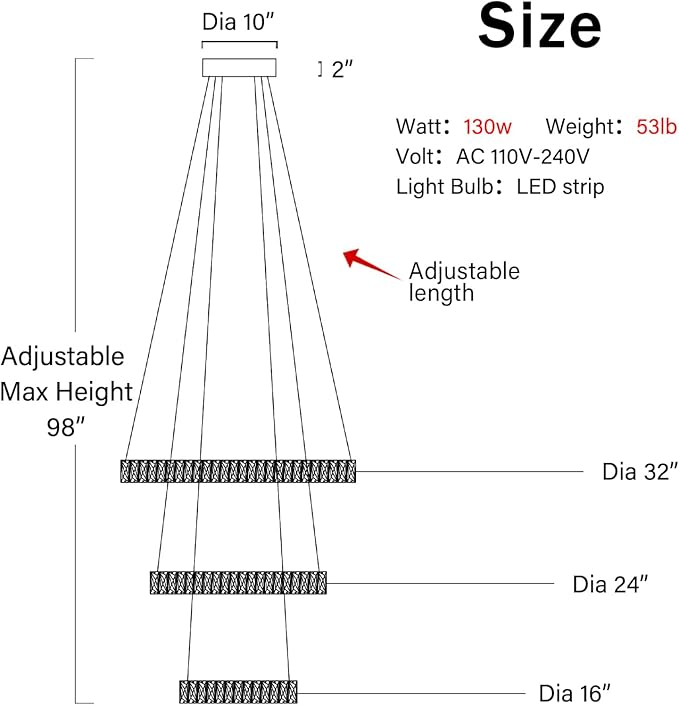 Modern Led Gold Chandelier Adjustable 3 Rings Crystal Chandelier for Living Room Foyer Stairwell Lighting High Ceiling Light Dimmable 2700K-6000K