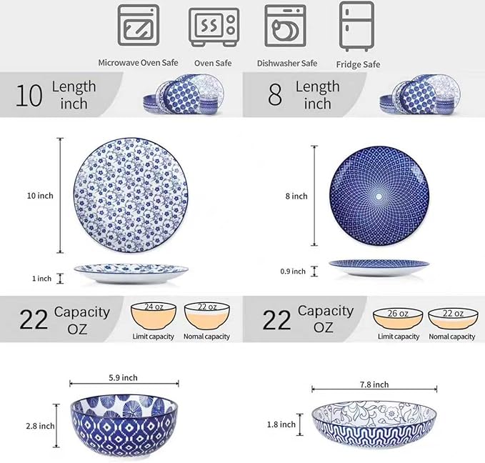Selamica Ceramic Dinnerware Sets, 16 Pieces Dishes Set for 4, Highly Chip and Crack Resistant Plates and Bowls Sets, Dishwasher & Microwave Safe, Vintage Blue