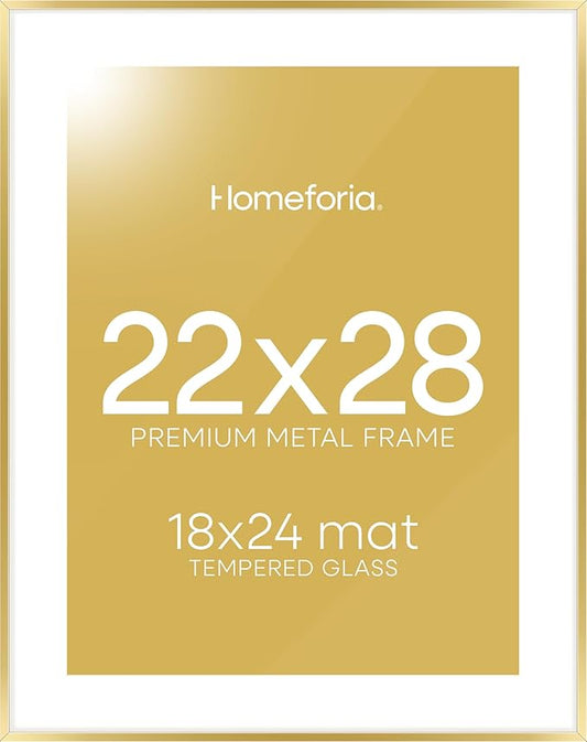 Homeforia 22x28 Picture Frame Gold, High End Metal 22 x 28 Large Poster Frames with Mat 18 by 24 for Photo, 22x28 Gold Frame Matted to 18x24 inch Print, 28x22 Frame, Tempered Glass, Wall Kit, Set of 1
