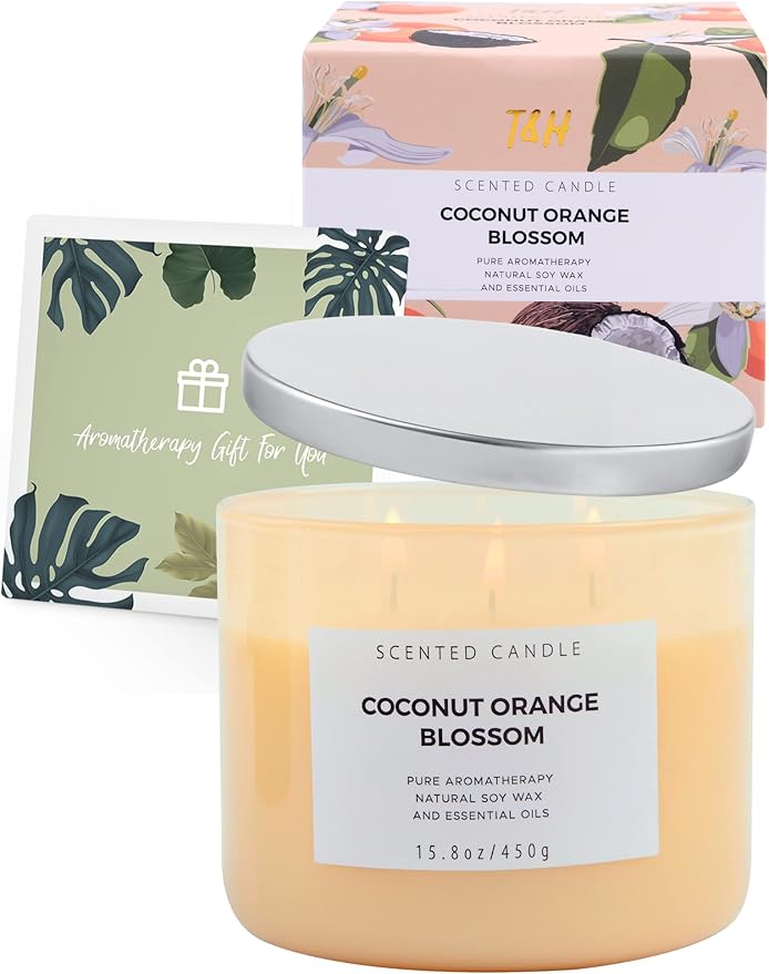 T&H Aromatherapy Soy Candles for Women & Men, Coconut Orange Blossom & Grapefruit Vanilla 3 Wick Scented Candles, 2 x 15.8 Oz