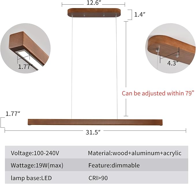31 Inch Wood Linear Pendant Light Dimmable LED Kitchen Island Lighting with Remote Adjustable Hanging Chandelier for Dining Room Bar Pool Table 19W Modern Farmhouse Fixture Walnut Color