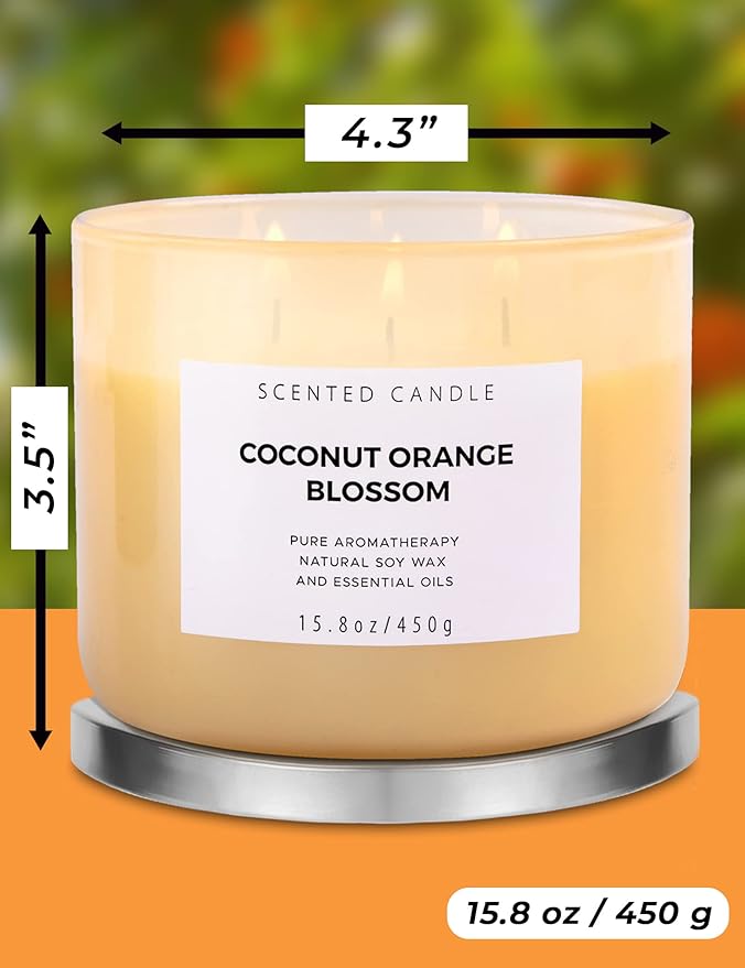 T&H Aromatherapy Soy Candles for Women & Men, Coconut Orange Blossom & Grapefruit Vanilla 3 Wick Scented Candles, 2 x 15.8 Oz