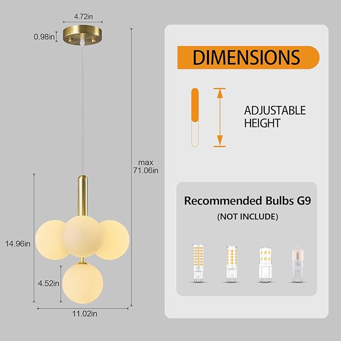 4 Light Globe Chandelier Mid Century Pendant Light with Milky White Glass Shade Modern Gold Sputnik Chandeliers for Dining Room Living Room Bedroom Kitchen Island