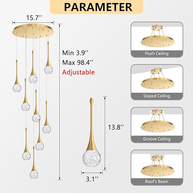 9 Light Modern Glam Crystal Chandelier for High Ceiling LED Dimmable Ceiling Pendant Light Staircase Foyer Enterway Living Room Chandelier Lighting Antique Gold