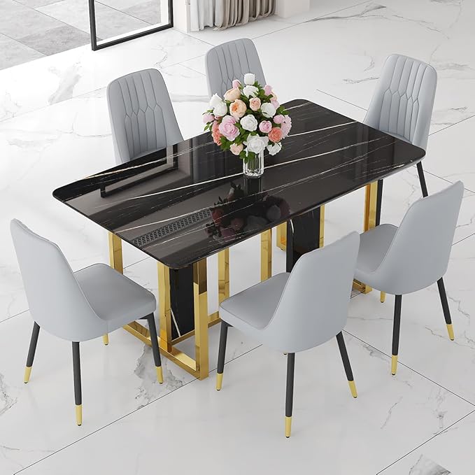 TesNus 63" Black Dining Table Set for 6 with Chairs,Modern Faux Marble Rectangular Kitchen Table and Chairs Set Luxury 7 Piece Dining Room Set with Gold Metal Legs,Easy Assemble,Stable Base