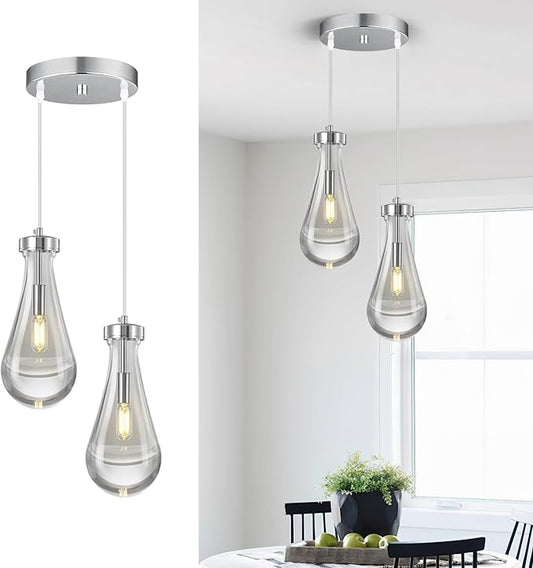 Raindrop Pendant Lights Kitchen Island Teardrop Chrome Hanging Light Fixtures Clear Solid Glass Pendant Light Modern Chandeliers for Dining Room Porch Corridor Living Room(2-Light)