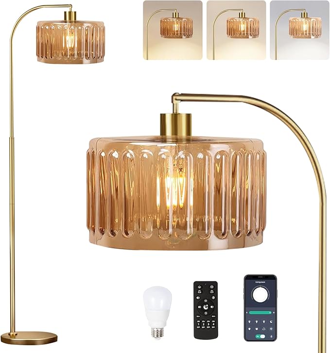 Gold Floor Lamp for Living Room,Bedroom,Mid Century Modern Standing Lamp with Remote,Dimmable Brass Tall Lamp Glass Lamp Vintage Retro Arc Floor Lamps Flower Floor Light Boho Bohemian